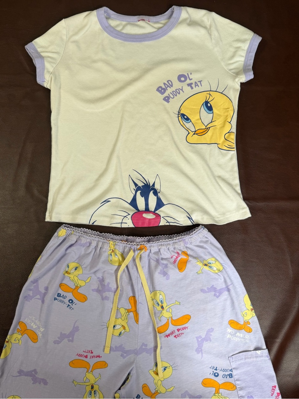 Vintage Looney tunes Tweety bird & Sylvester women’s Pajama Set -Lavender/yellow